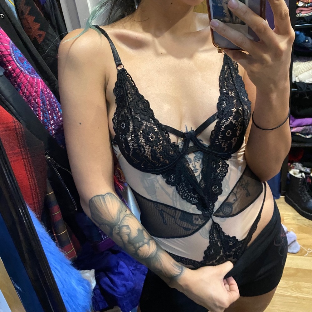 Lace and mesh lingerie bodysuit
